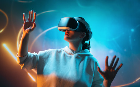 Metaverse technology concept. Woman with VR virtual reality goggles. Futuristic lifestyle.