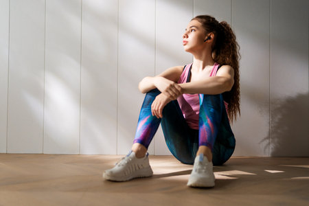 Healthy lifestyle and sport concepts. Woman in fashionable sportswear is doing exercise.の写真素材
