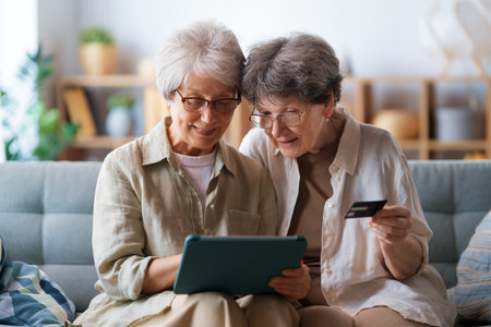 Women are doing online purchases. Senior people are doing shopping using laptop and credit card at home.の写真素材