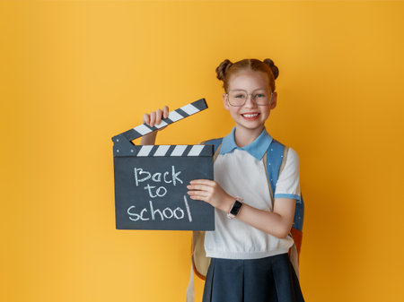 Cute happy teenager standing on bright yellow background. Child with backpack, girl is ready to back to school.の写真素材