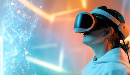 Metaverse technology concept. Woman with VR virtual reality goggles. Futuristic lifestyle.の写真素材