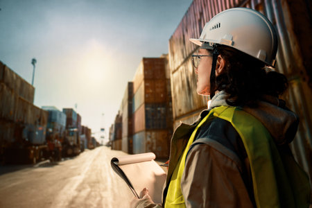 Female industrial engineer in white hard hat is working in container terminal.の写真素材