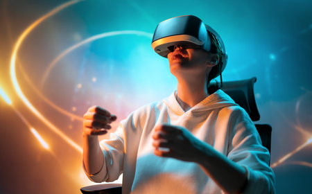 Metaverse technology concept. Woman with VR virtual reality goggles. Futuristic lifestyle.の写真素材