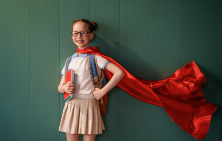 A superhero student. A schoolgirl with books against a wall.の写真素材