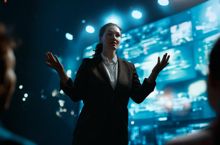 A woman is speaking on stage about the future and technologies.の写真素材