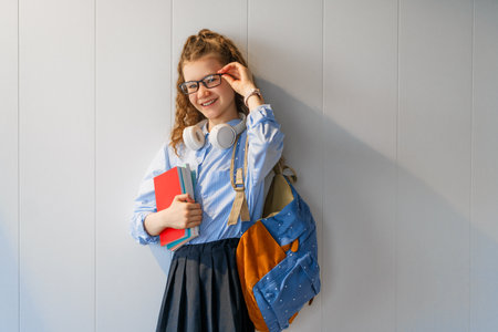 Cute happy teenager standing on grey wall background. Child with backpack, girl is ready to back to school.の写真素材