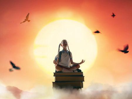 Back to school. Happy cute industrious child standing on the tower of books on background of sunset sky. Concept of education and reading. The development of the imagination.の写真素材