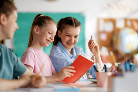 Happy kids at school. Children are learning in the class.の写真素材