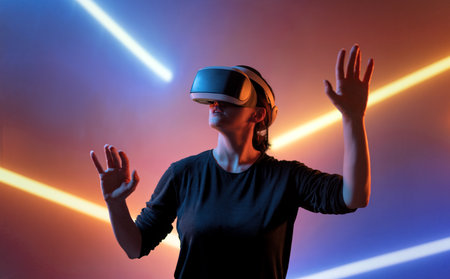 Metaverse technology concept. Woman with VR virtual reality goggles. Futuristic lifestyle.の写真素材