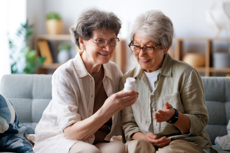 Two senior women are taking medication at home.の写真素材