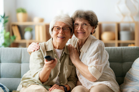 Senior women watching TV, movies. Retirees spending time at home.の写真素材