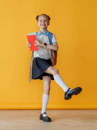 Cute happy teenager standing on bright yellow background. Child with backpack, girl is ready to back to school.の写真素材