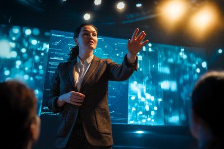 A woman is speaking on stage about the future and technologies.の写真素材