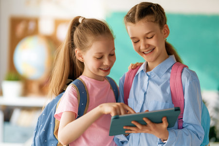 Happy kids at school. Children are learning in the class.
