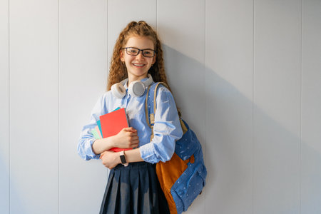 Cute happy teenager standing on grey wall background. Child with backpack, girl is ready to back to school.の写真素材