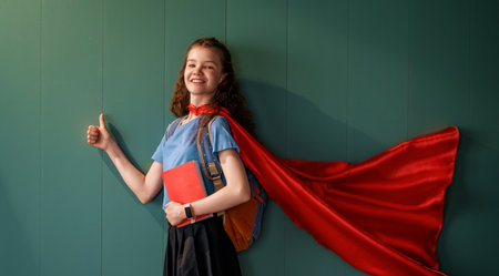 A superhero student. A schoolgirl with books against a wall.