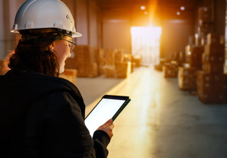 Young woman in white hard hat is working in warehouse