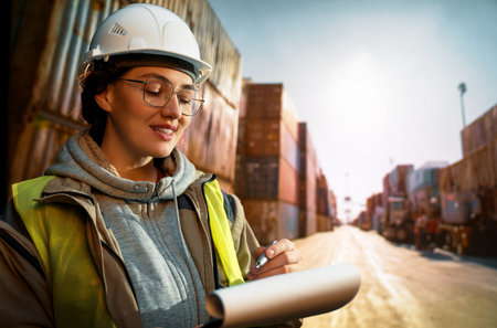 Female industrial engineer in white hard hat is working in container terminal.