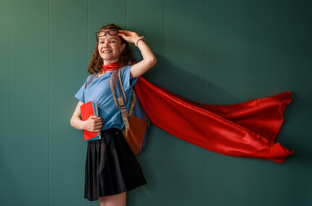A superhero student. A schoolgirl with books against a wall.