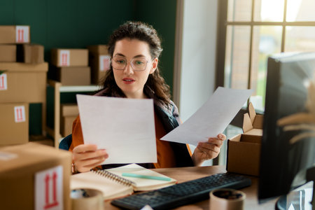 Female inventory manager checking stock. Woman working in a warehouse.