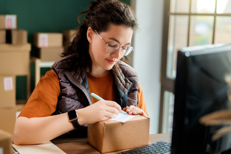 Female inventory manager checking stock. Woman working in a warehouse.