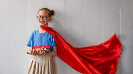 A superhero student. A schoolgirl with books against a wall.の写真素材