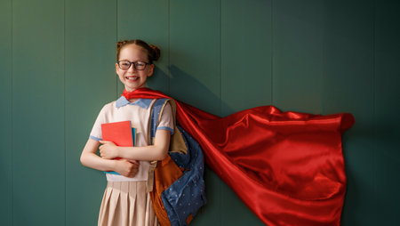 A superhero student. A schoolgirl with books against a wall.