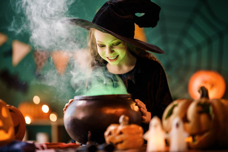 Girl in witch costume is celebrating Halloween.  Kid with pumpkins and pot of potionの写真素材