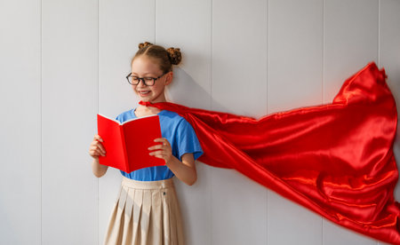 A superhero student. A schoolgirl with books against a wall.の写真素材