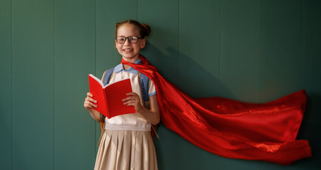 A superhero student. A schoolgirl with books against a wall.