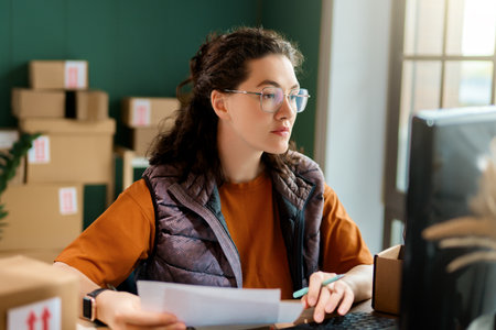 Female inventory manager checking stock. Woman working in a warehouse.