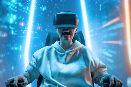 Metaverse technology concept. Woman with VR virtual reality goggles. Futuristic lifestyle.