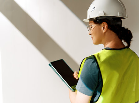 Woman architect is working at construction site.