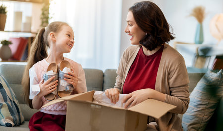 Mother and daughter are unpacking cardboard. Concept of online shopping.