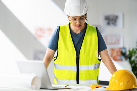 Woman architect is working on plans at construction site.