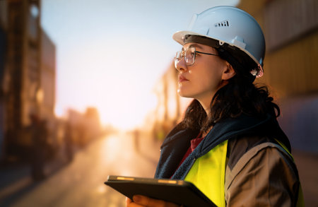 Female industrial engineer in white hard hat is working in container terminal.