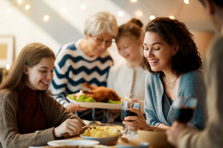 Thanksgiving Day, Autumn feast. Happy family sitting at the table and celebrating holiday....