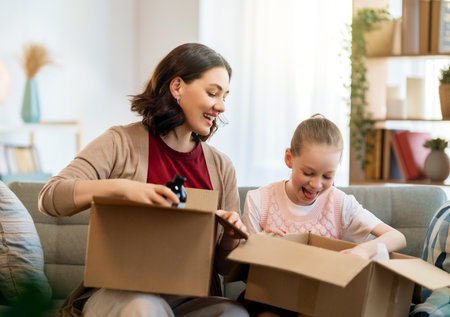 Mother and daughter are unpacking cardboard. Concept of online shopping.