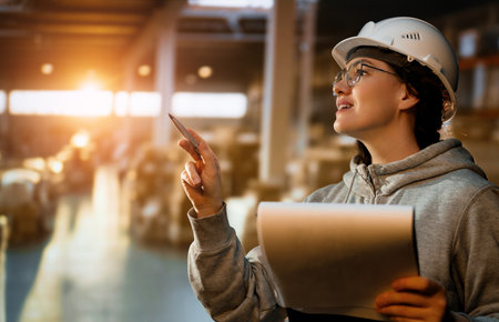 Young woman in white hard hat is working in warehouse