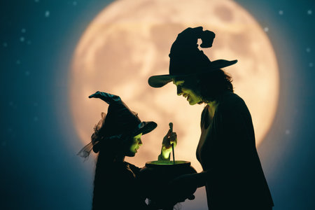 Woman and her daughter dressed in witch costumes for Halloween. Family standing on full moon background.の写真素材