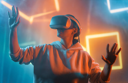 Metaverse technology concept. Woman with VR virtual reality goggles. Futuristic lifestyle.