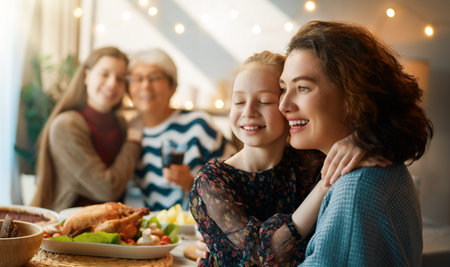 Thanksgiving Day, Autumn feast. Happy family sitting at the table and celebrating holiday....