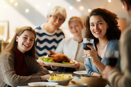 Thanksgiving Day, Autumn feast. Happy family sitting at the table and celebrating holiday....