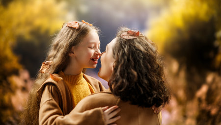 Happy family. Mother and child daughter on autumn walkの写真素材