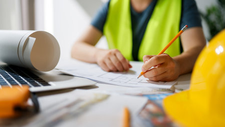 Woman architect is working on plans at construction site.