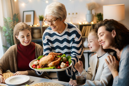 Thanksgiving Day, Autumn feast. Happy family sitting at the table and celebrating holiday. Traditional dinner. Grandmother and granddaughters.の写真素材