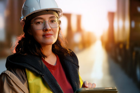 Female industrial engineer in white hard hat is working in container terminal.