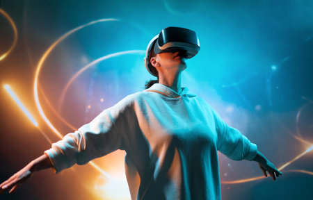 Metaverse technology concept. Woman with VR virtual reality goggles. Futuristic lifestyle.の写真素材