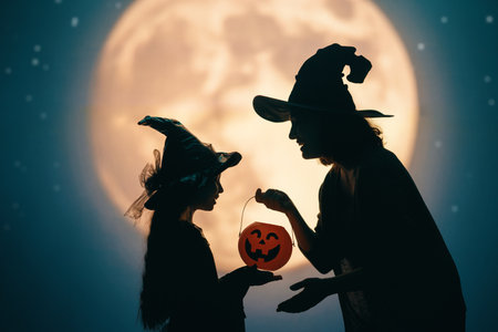 Woman and her daughter dressed in witch costumes for Halloween. Family standing on full moon background.の写真素材