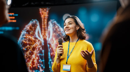 A young woman is giving a presentation at a medical conference.の写真素材